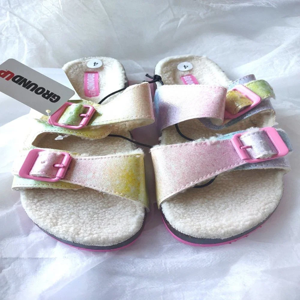 NWT Ground Up Sherpa Slipper Sandals Girls Rainbow Glitter